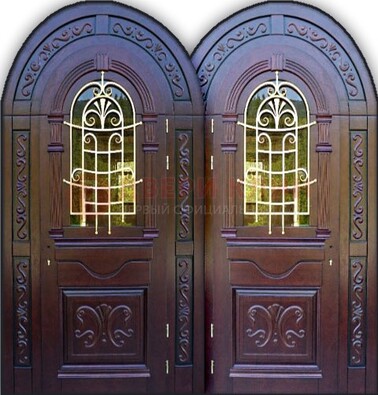 Индивидуальная арочная дверь со стеклом и ковкой ДА-19 в Электростали