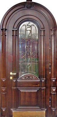 Арочная металлическая дверь массив со стеклом и ковкой ДА-50 в Электростали