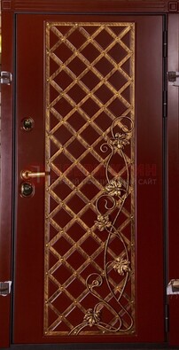 Бордовая металлическая дверь с ковкой ДК-10 для квартиры в Электростали