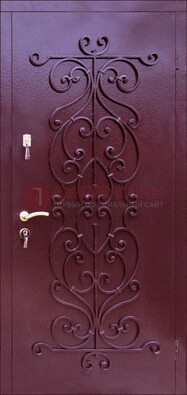 Бордовая металлическая дверь с ковкой ДК-21 в кирпичный дом в Электростали