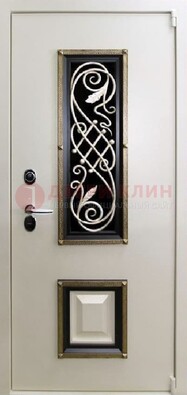 Белая стальная дверь с ковкой со стеклопакетом и МДФ ДК-30 в Электростали