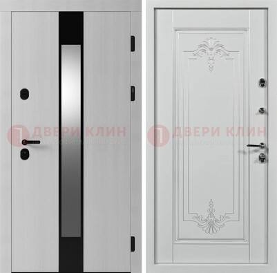 Белая металлическая дверь МДФ с зеркальной вставкой ДМ-324 в Электростали