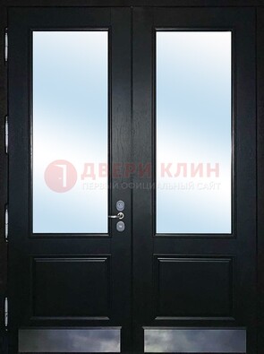 Черная двухстворчатая металлическая дверь со стеклом ДС-25 в Электростали