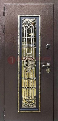 Железная дверь цвета медный антик со стеклом и ковкой ДСК-105 в Электростали