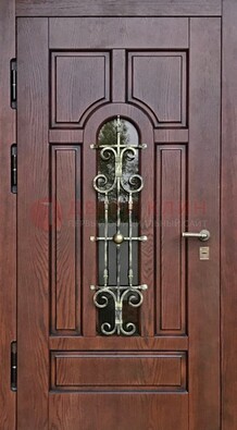 Cтальная дверь со стеклом и ковкой в коричневом цвете ДСК-119 в Электростали