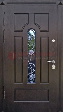 Металлическая дверь со стеклом и ковкой в цвете венге ДСК-142 в Электростали
