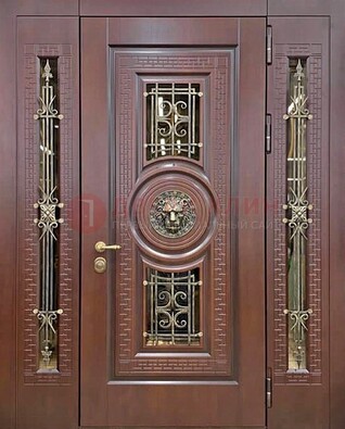 Коричневая стальная дверь со стеклом и ковкой ДСК-147 с фрамугами в Электростали