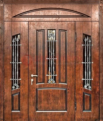 Стальная дверь со стеклом и ковкой с фрамугами ДСК-149 коричневая в Электростали