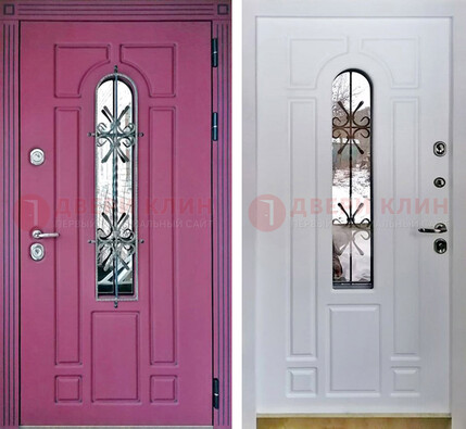 Розовая металлическая дверь со стеклом и ковкой ДСК-151 в Электростали