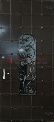 Высокая железная дверь со стеклом и ковкой ДСК-15 в Электростали
