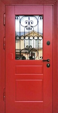 Красная железная дверь Винорит со стеклом и ковкой ДСК-205 в Электростали