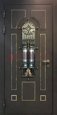 Темная входная дверь Винорит со стеклом и ковкой ДСК-211 в Электростали