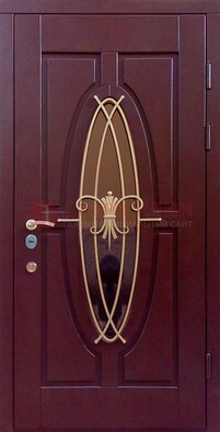 Бордовая стальная дверь Винорит со стеклом и ковкой ДСК-263 в Электростали