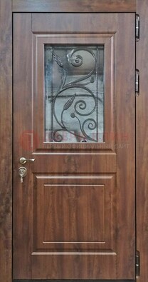 Железная дверь Винорит стекло и ковка с цветом под дерево ДСК-266 в Электростали