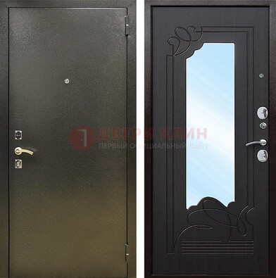 Железная темная дверь c порошковым напылением и МДФ с узором и зеркалом ДЗ-111 в Электростали