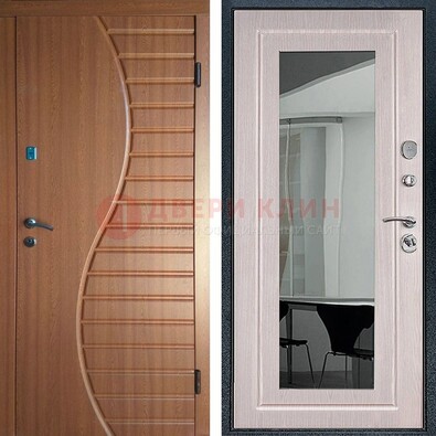 Коричневая железная дверь c виноритом и  МДФ Белый дуб с зеркалом ДЗ-118 в Электростали