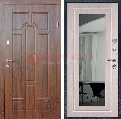Входная коричневая дверь с МДФ Белый дуб и зеркалом ДЗ-126 в Электростали