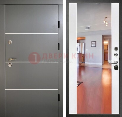Темная коричневая входная дверь с зеркалом МДФ белая внутри ДЗ-131 в Электростали