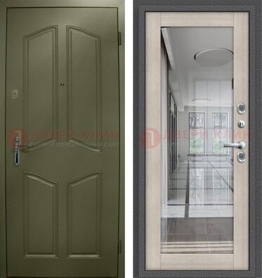 Зеленая стальная дверь с МДФ панелями и зеркалом ДЗ-137 в Электростали