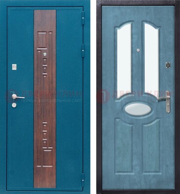 Голубая металлическая дверь МДФ с тремя зеркальными вставками ДЗ-78 в Электростали