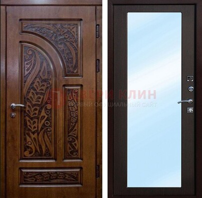 Коричневая входная дверь c узором и виноритом МДФ с зеркалом ДЗ-98 в Электростали