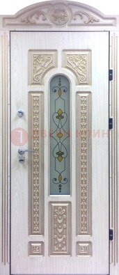Белая железная дверь с МДФ и витражом ВЖ-26 в Электростали