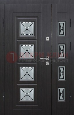 Чёрная двухстворчатая железная дверь с МДФ и витражом ВЖ-35 в Электростали